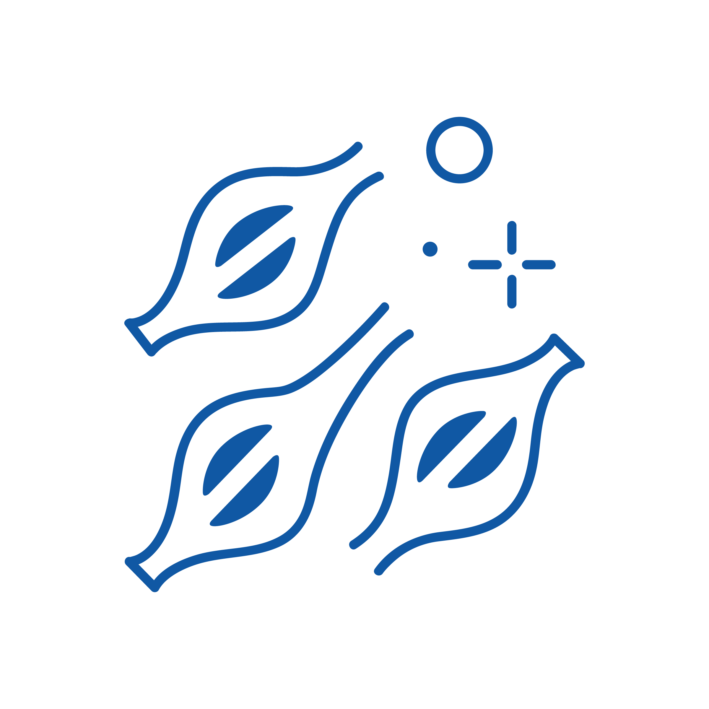 Disegno astratto di tre foglie blu con linee simili a venature, un piccolo punto, un punto più grande e una croce su uno sfondo nero, che riflette sottilmente l'essenza della medicina di base nei suoi intricati motivi.
