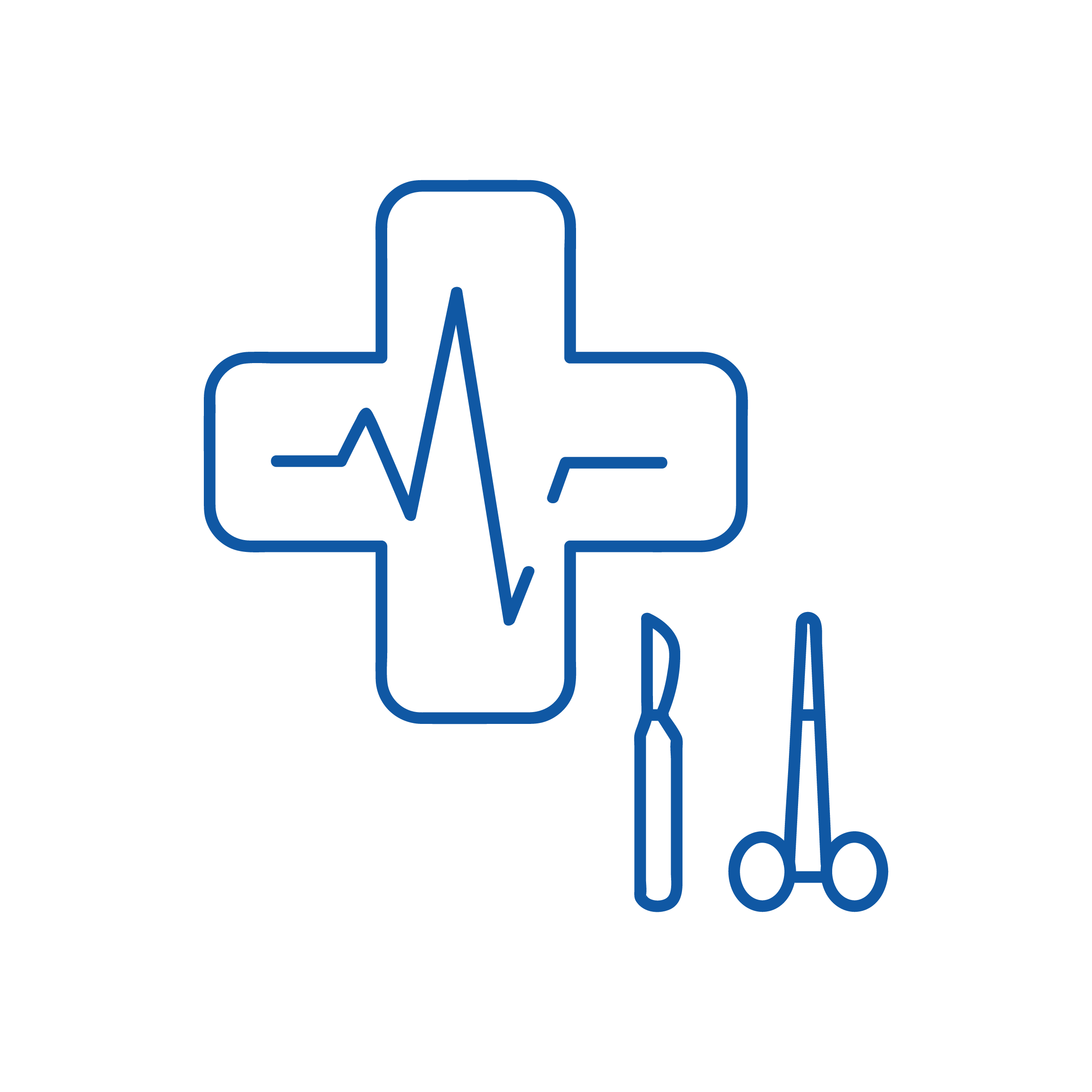 Un'icona raffigurante una croce medica blu con una linea che rappresenta il battito cardiaco e strumenti chirurgici, tra cui un bisturi e delle forbici, su uno sfondo nero, simboleggia gli elementi essenziali della 