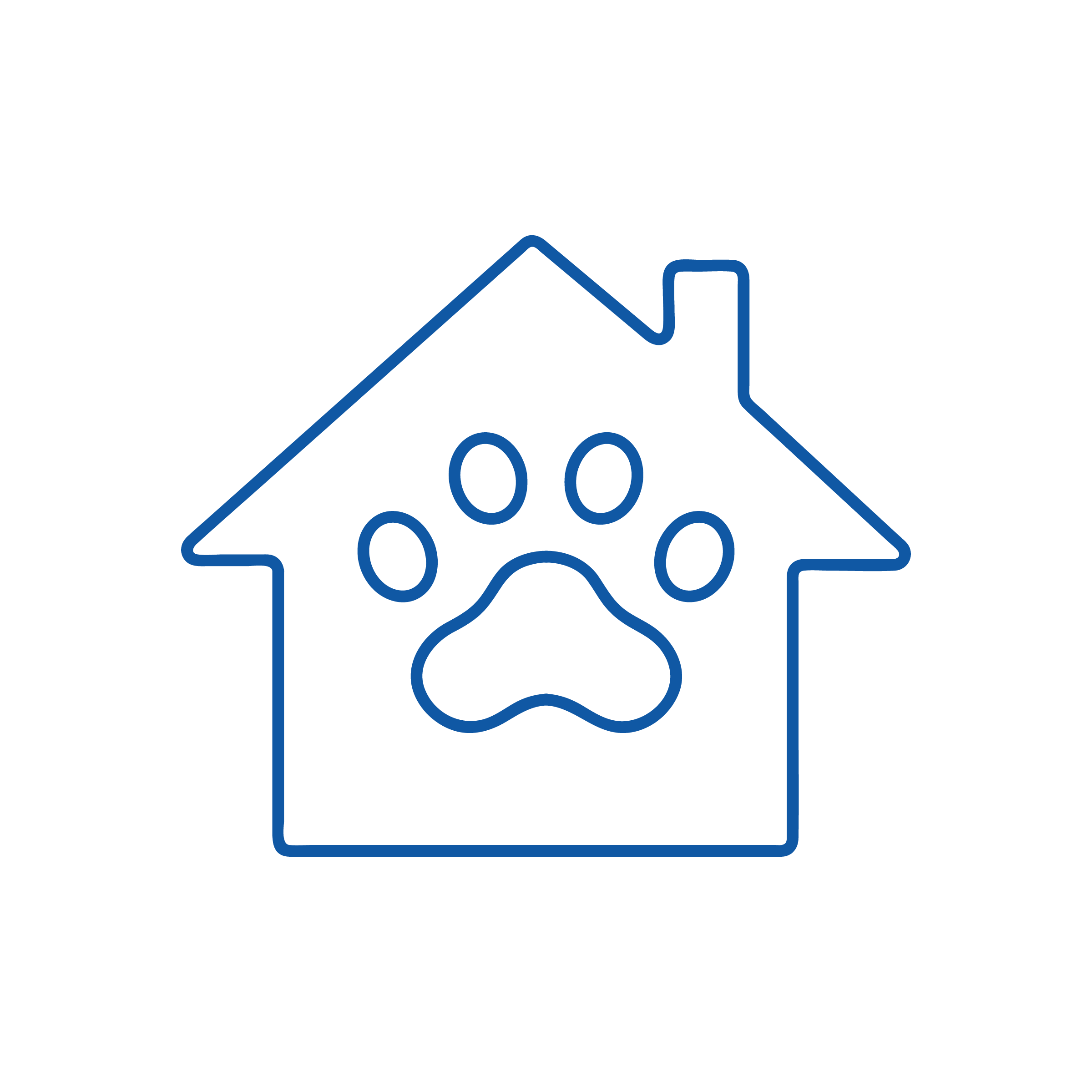Illustrazione del profilo di una casa con un camino blu e un'impronta di zampa al centro, a simboleggiare il comfort domestico e la medicina di base, il tutto su uno sfondo nero.