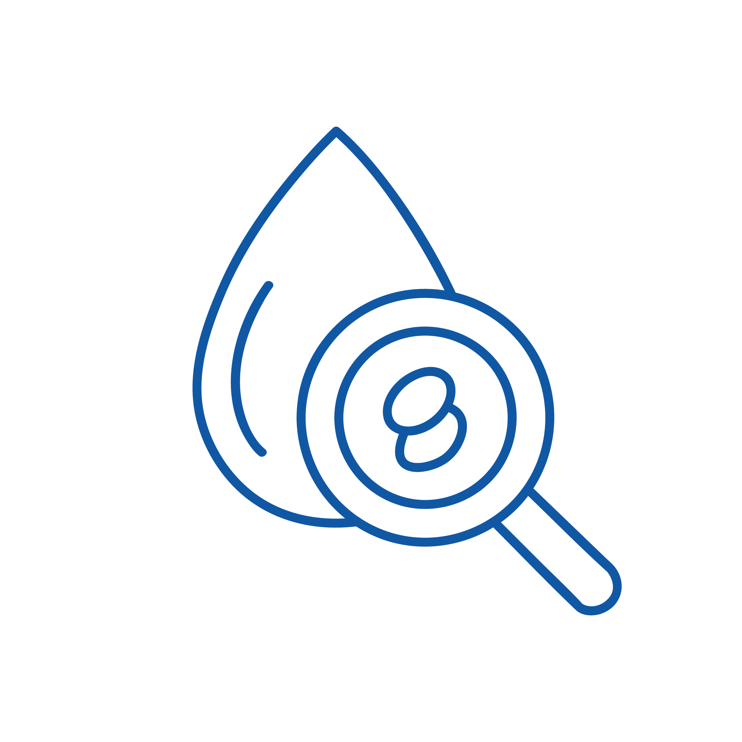 Un disegno a linee blu su sfondo nero illustra una goccia d'acqua con una lente di ingrandimento che la ispeziona. All'interno della lente di ingrandimento, una forma astratta che ricorda una piccola cellula o un microrganismo suggerisce approfondimenti sulla medicina di base.