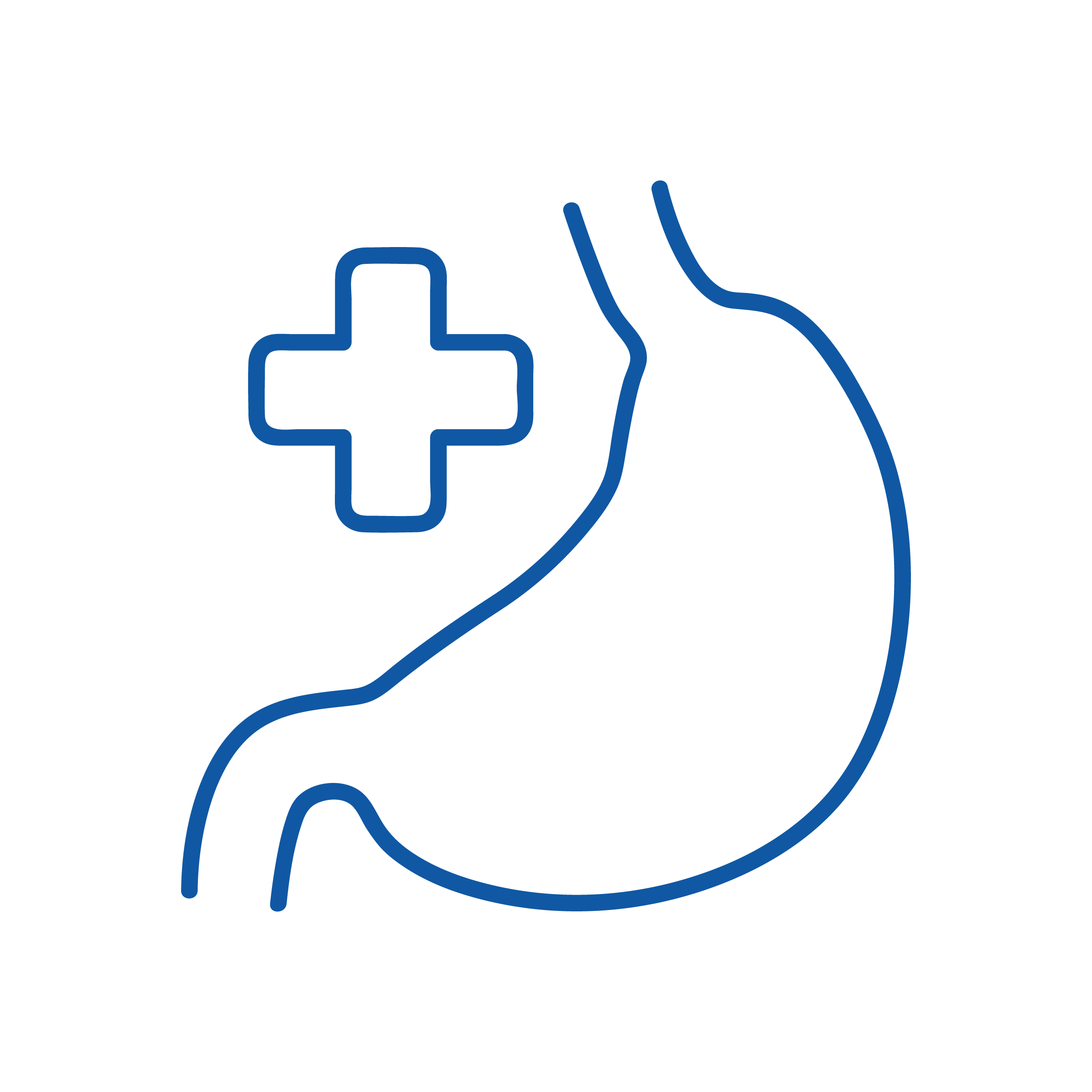 Il contorno blu di uno stomaco con accanto il simbolo di una croce medica su sfondo nero, che simboleggia la salute gastrointestinale o l'assistenza medica, simile alla medicina di base.