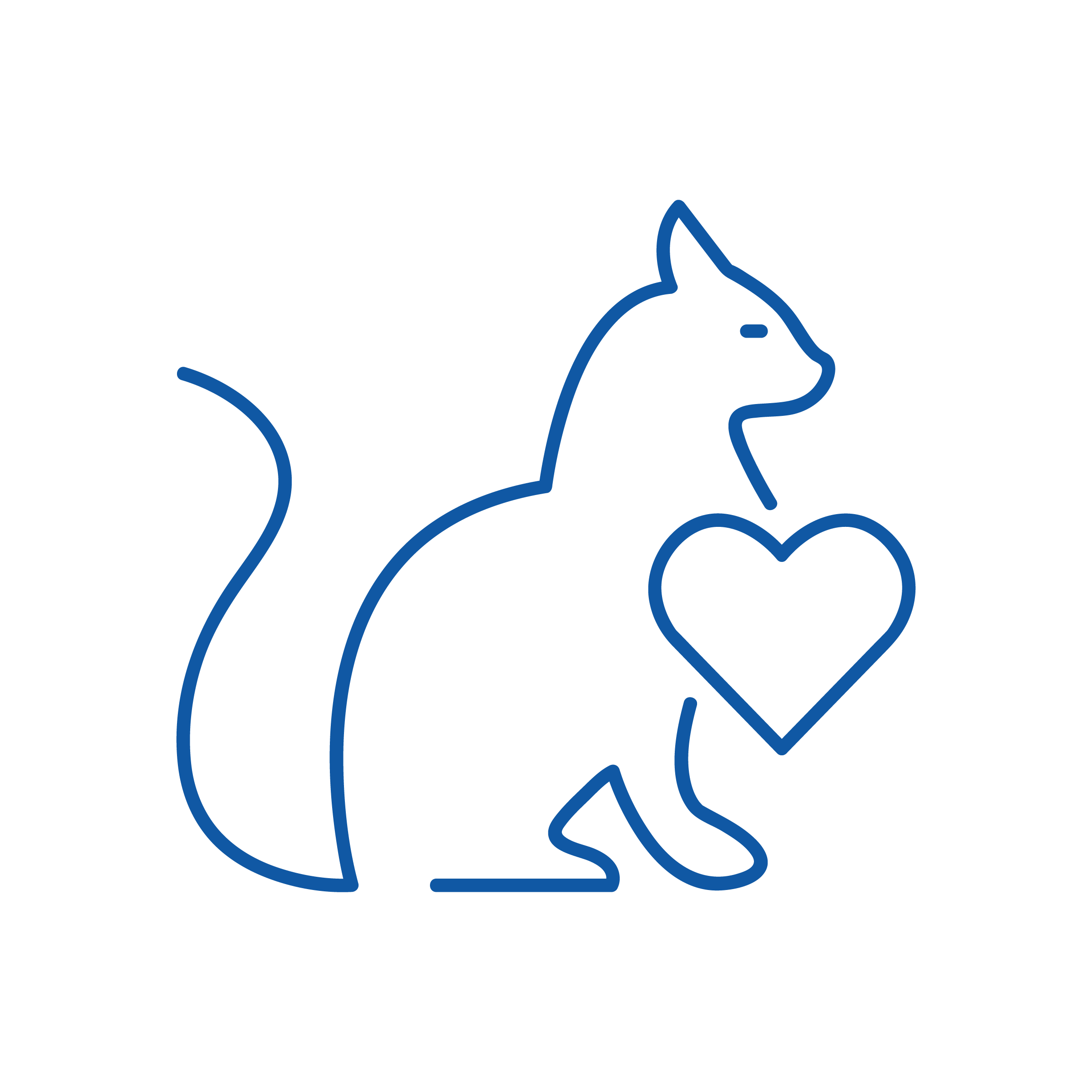 Profilo di un gatto seduto con una forma a cuore all'interno del corpo su uno sfondo nero. Le linee blu evocano semplicità e modernità, riflettendo la cura e la precisione simili alla medicina di base.