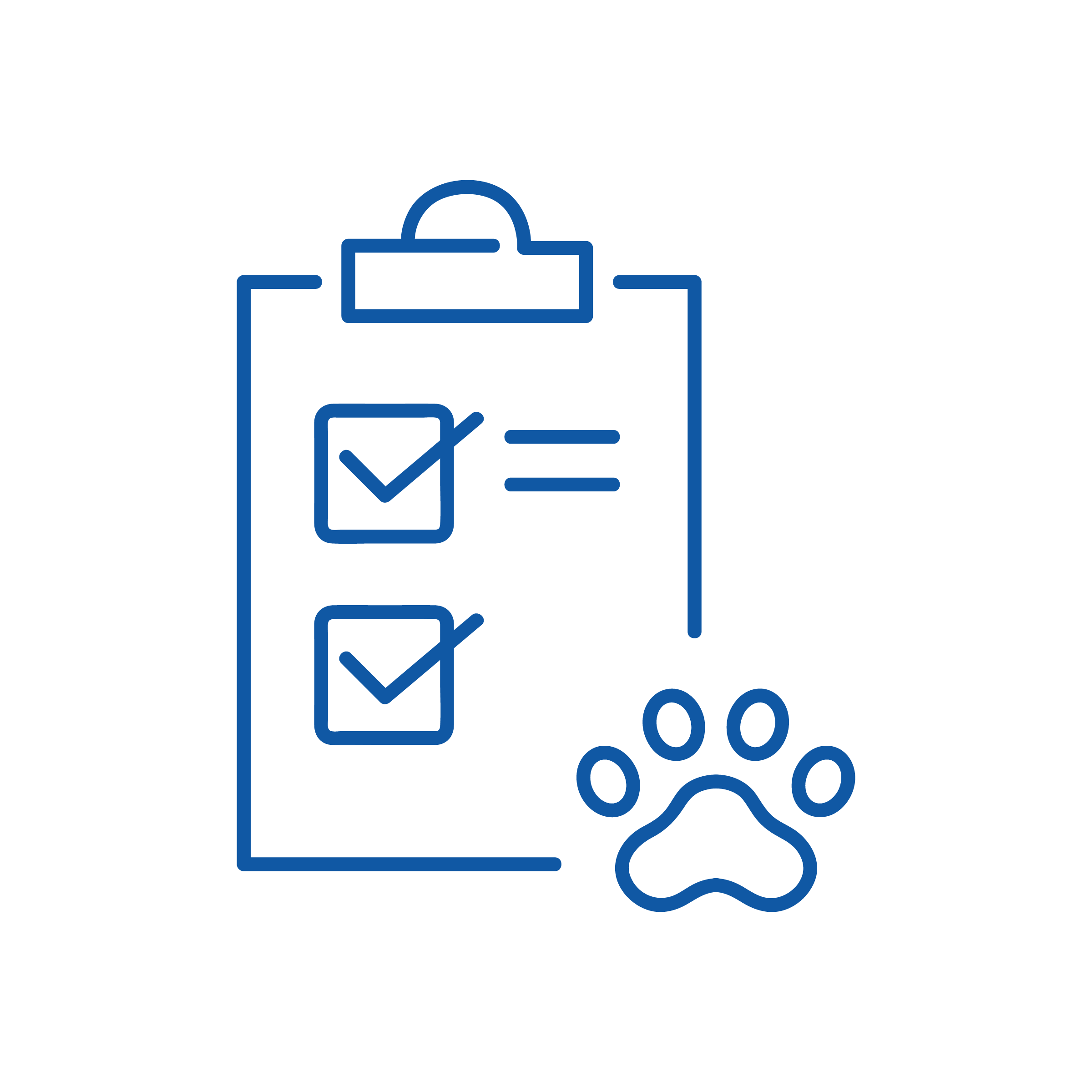 Icona di una clipboard con due caselle spuntate e un'impronta di zampa. Il design blu su sfondo nero evoca temi di cura degli animali domestici o servizi veterinari, sottolineando gli elementi essenziali della medicina di base per i tuoi amici pelosi.