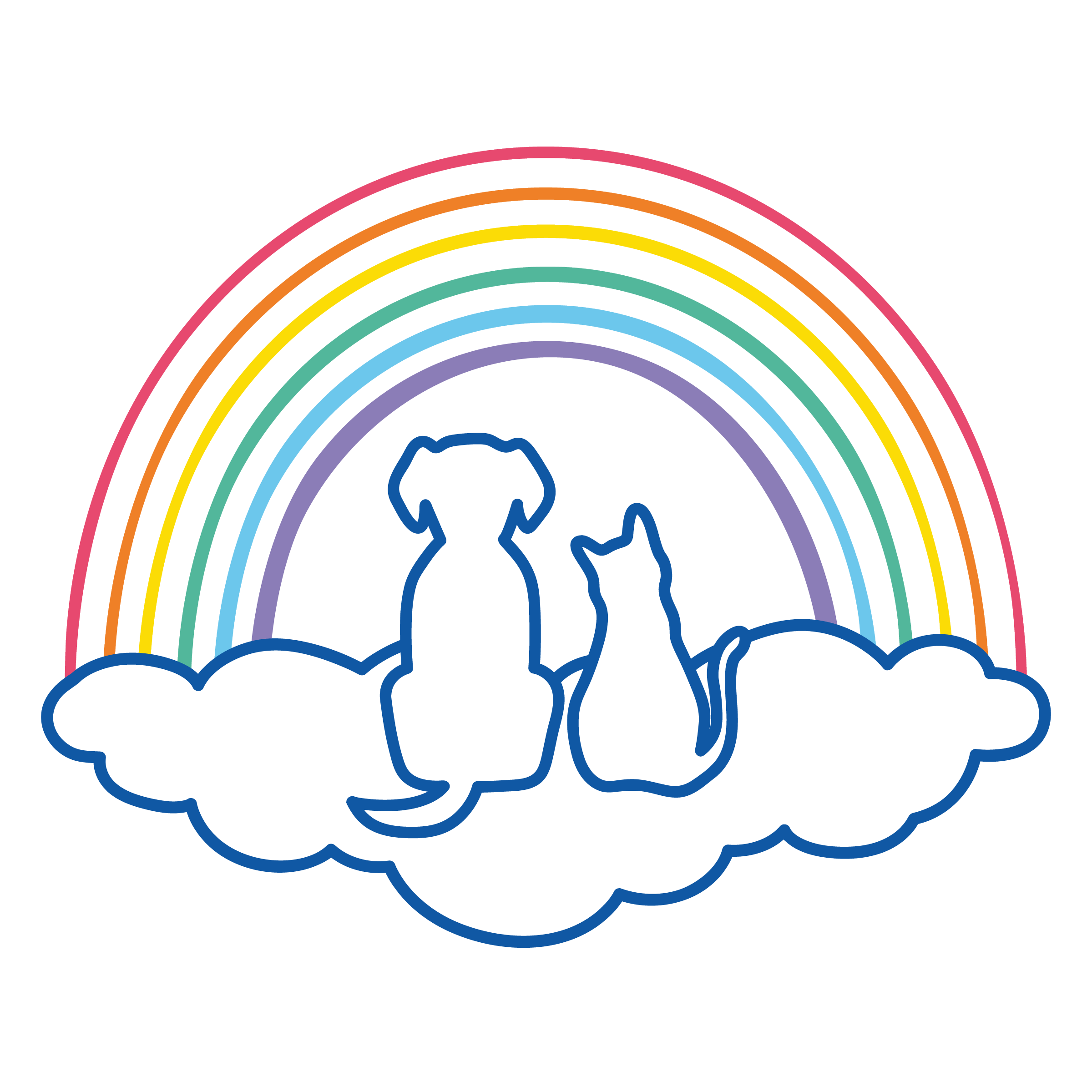 La sagoma di un cane e un gatto seduti su una nuvola, che ammirano un arcobaleno vibrante. Questo Percorso Arcobaleno, con le sue strisce multicolori, si snoda sopra la nuvola e gli animali, creando una scena serena e incoraggiante.